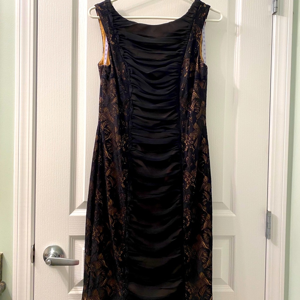Black lace sexy midi cocktail dress v back fitted